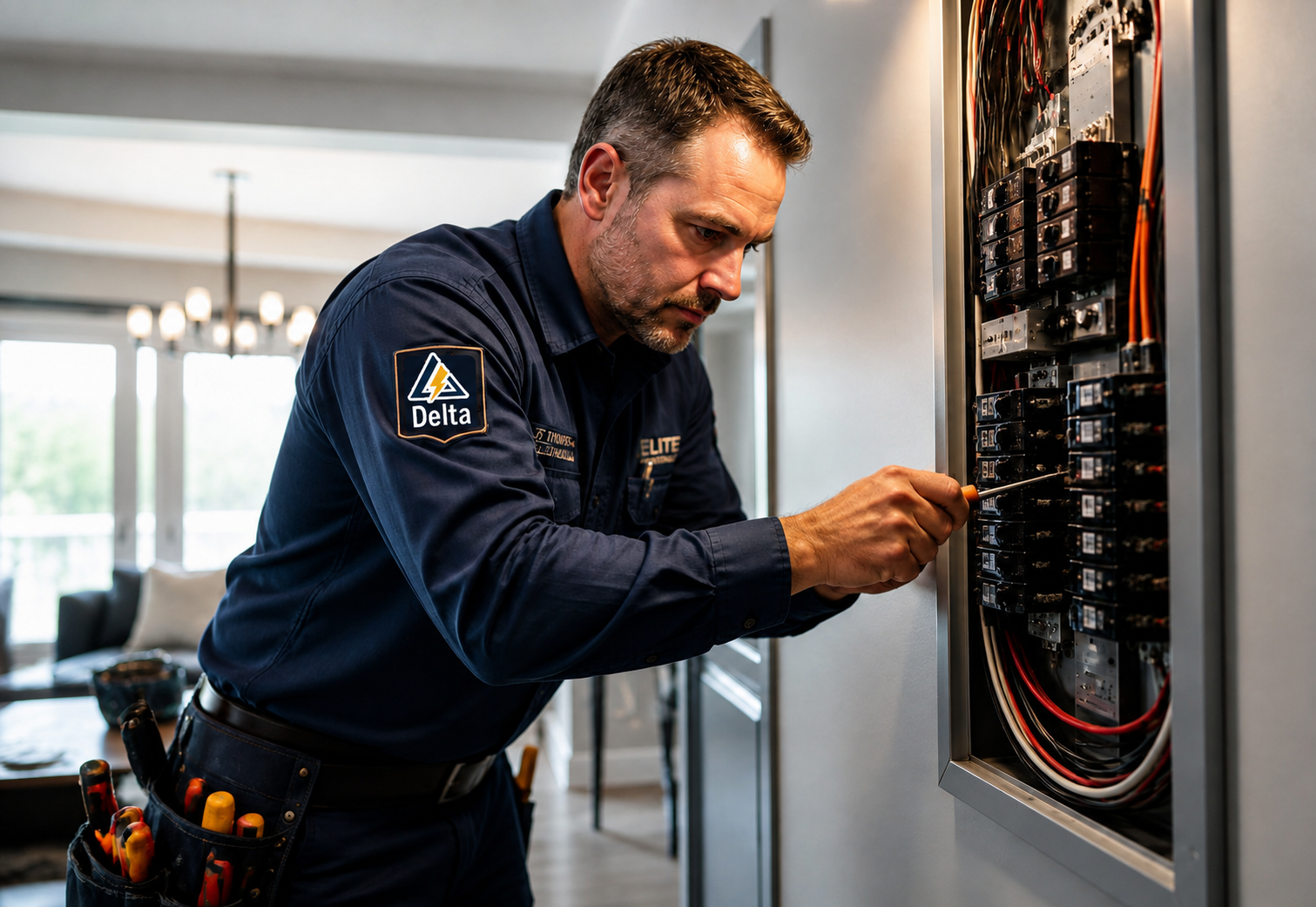 Licensed Delta Pro Energy electrician servicing a residential electrical panel
